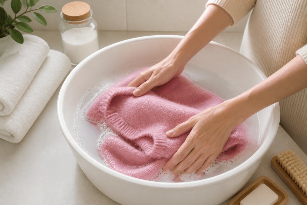 Hände waschen sorgfältig einen Wollpullover in warmem Wasser mit sanftem Waschmittel in hellem Badezimmer, natürliche Beleuchtung von oben