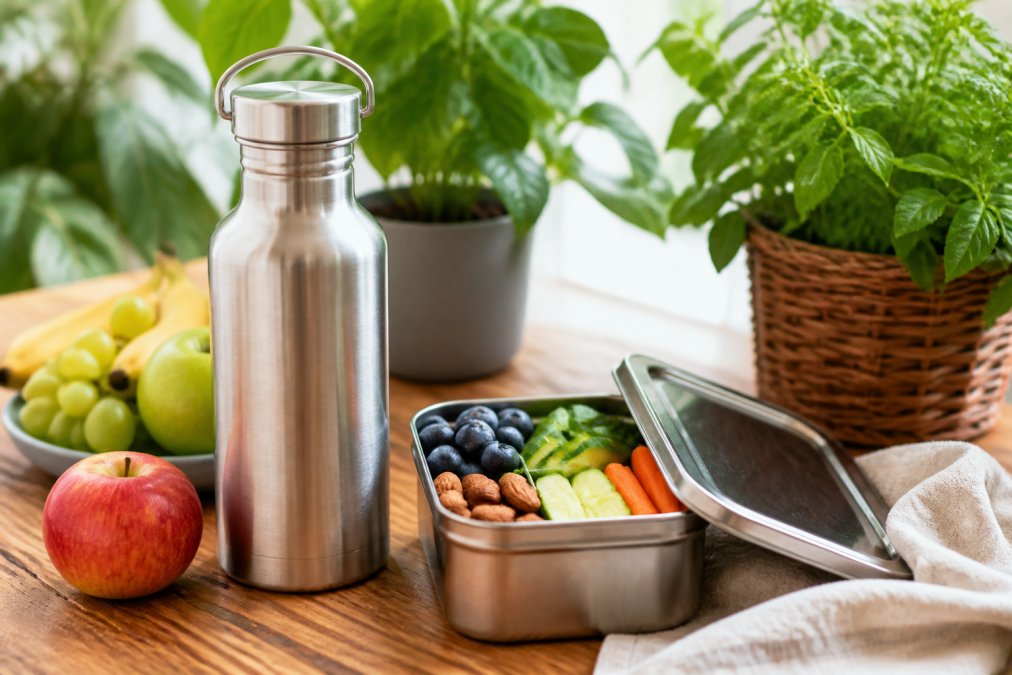 Nahaufnahme einer Edelstahl-Trinkflasche und einer Snackbox aus nachhaltigem Material auf einem Holztisch, daneben frisches Obst und grüne Pflanzen, in hellem natürlichen Licht