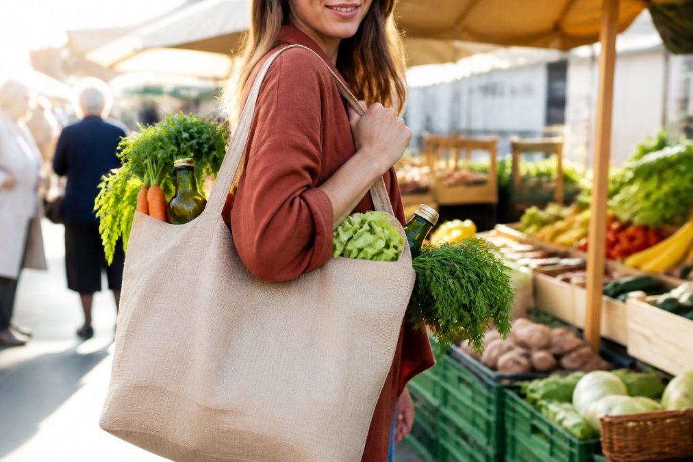 Person hält eine wiederverwendbare Einkaufstasche aus Leinen mit frischem Gemüse und nachhaltigen Produkten auf einem sonnigen Wochenmarkt, lebendige Marktstand-Atmosphäre im Hintergrund