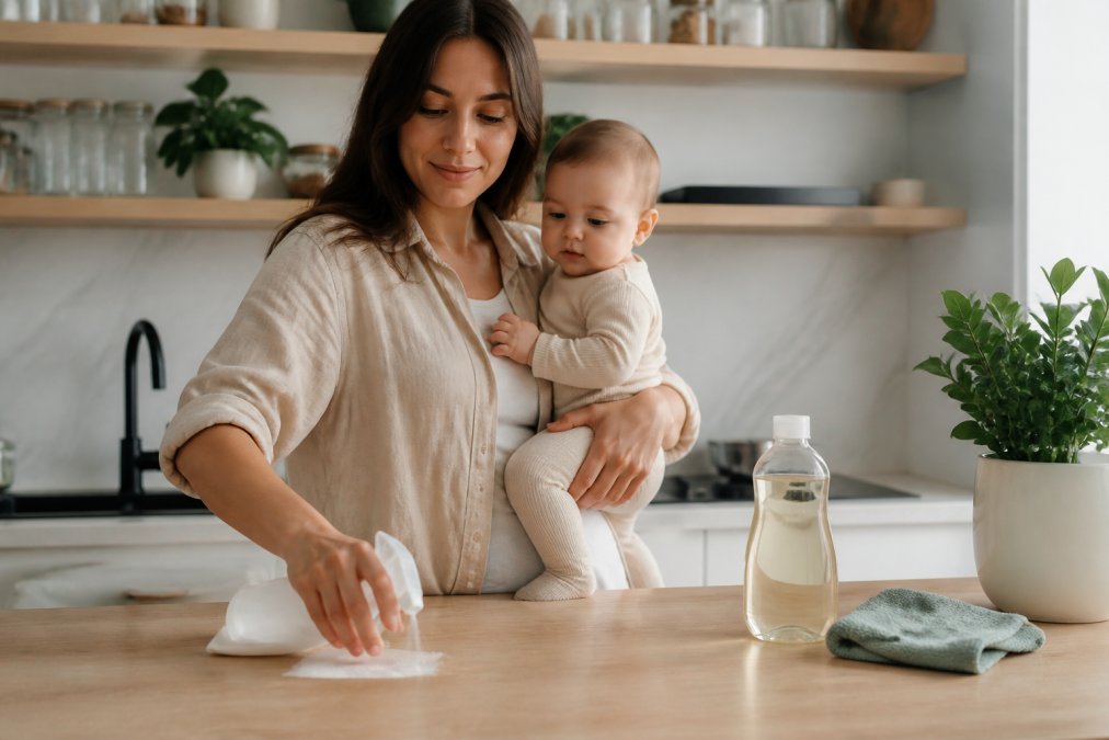 Eine Mutter hält ihr Baby auf dem Arm und wischt mit einem natürlichen Reinigungsspray eine Küchenarbeitsplatte ab, daneben stehen eine Flasche mit pflanzlichem Reiniger und ein Mikrofasertuch in einer hellen Küche