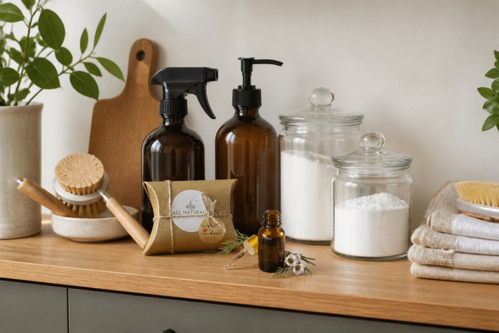 Ordentlich arrangierte nachhaltige Haushaltsprodukte in Glasflaschen und Papierbehältern auf einer Küchenablage, daneben Natron und Zitronensäure in Glasbehältern, minimalistisches Setup