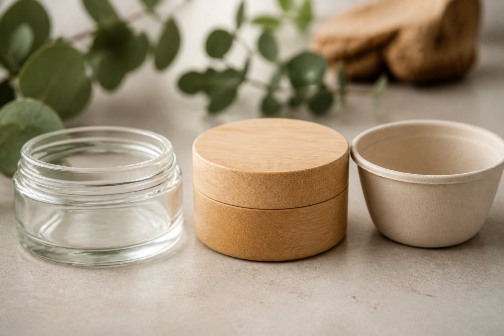 Nahaufnahme verschiedener nachhaltiger Verpackungsmaterialien nebeneinander: klare Glaskosmetikdose, natürlicher Holztiegel und biologisch abbaubare Verpackung auf heller, minimalistischer Oberfläche mit natürlicher Beleuchtung
