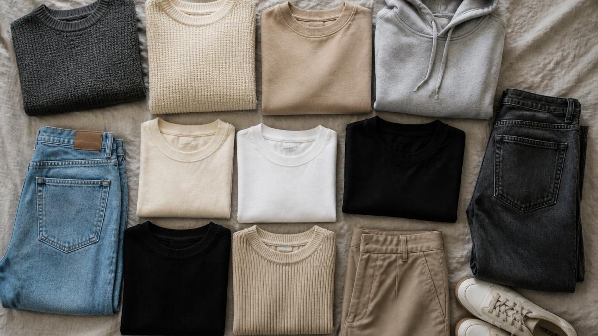 Flat-lay arrangement of carefully selected vintage basics on a neutral background: folded sweaters, basic t-shirts, jeans, and a simple hoodie in neutral colors, arranged to show a cohesive color palette