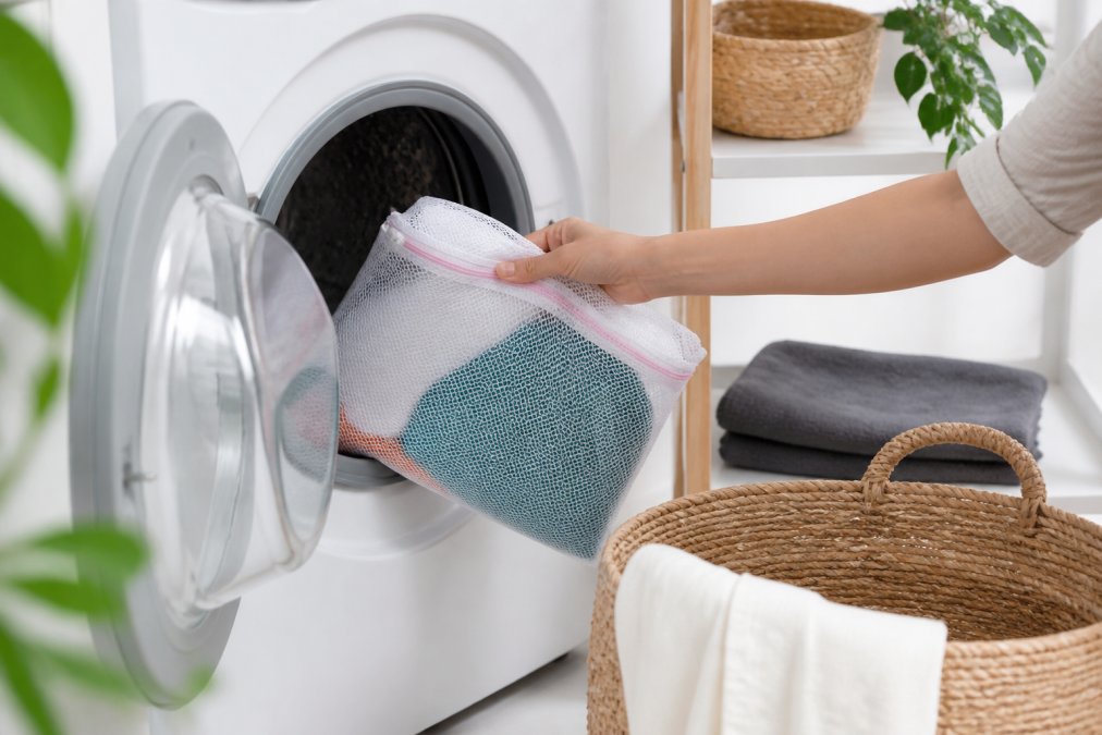 Eine Hand legt einen weißen Waschbeutel mit synthetischen Sportshirts in die Trommel einer geöffneten Waschmaschine in einem hellen Hauswirtschaftsraum