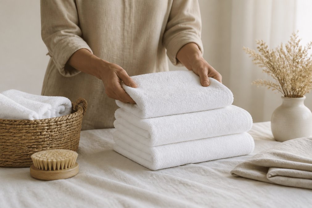 Hände falten sorgfältig ein hochwertiges Naturtextil-Handtuch, das in Lagerung arrangiert wird, mit sanfter natürlicher Beleuchtung und minimalistischem Hintergrund