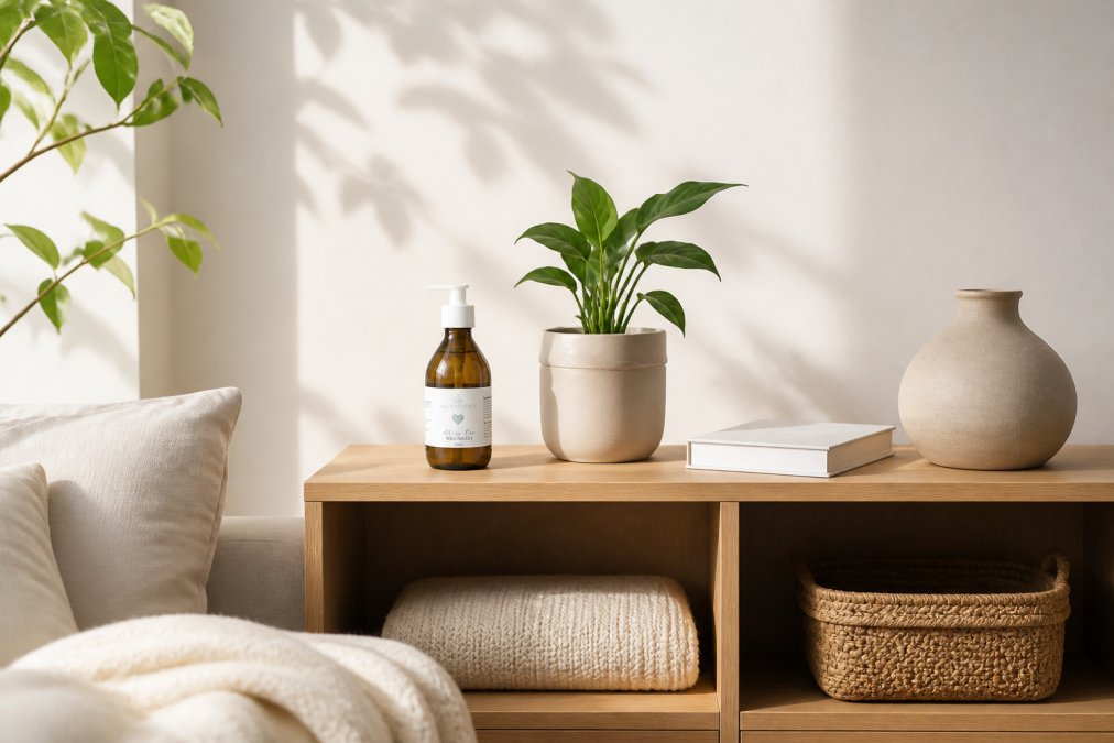 Helle, aufgeräumte Wohnzimmerecke mit minimalistischer Einrichtung, sauberen Holzregalen und wenigen, sorgfältig ausgewählten Objekten - ein Buch, ein Topf mit Pflanze, ein Kissen - auf neutralem Untergrund mit natürlichem Tageslicht