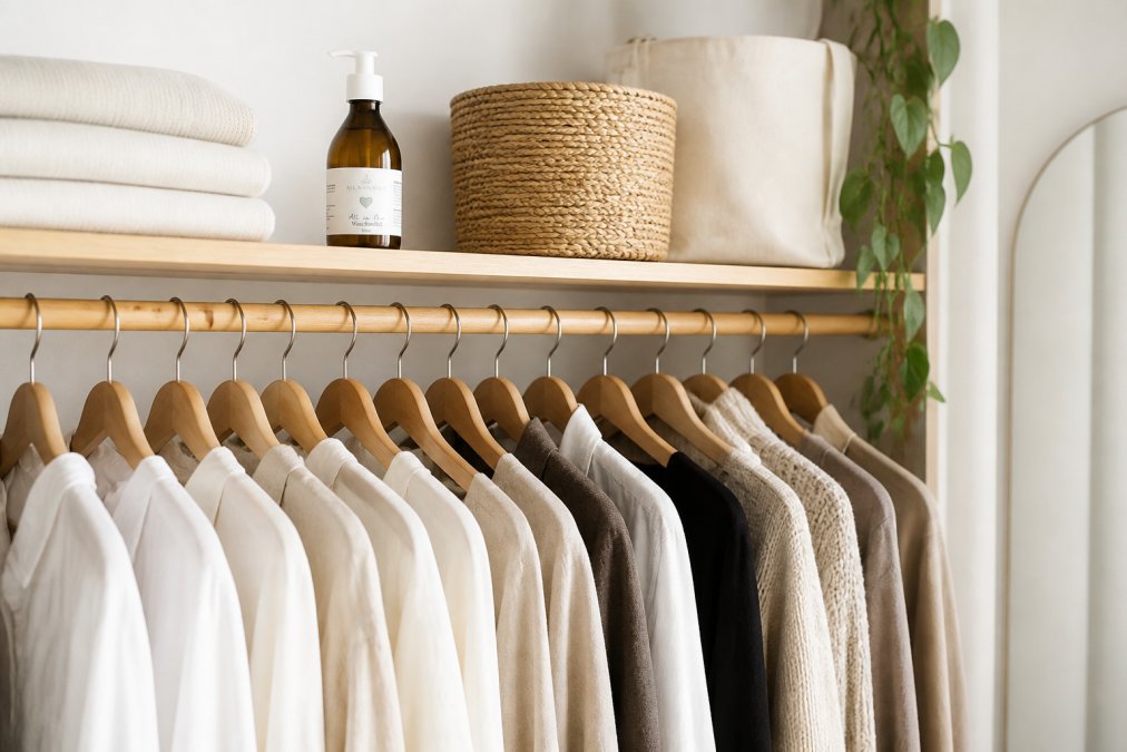 Offener Kleiderschrank mit übersichtlicher Auswahl an neutralfarbigen, hochwertigen Kleidungsstücken aus natürlichen Materialien - Leinen, Baumwolle, Wolle - ordentlich hängend auf Holzbügeln, mit wenigen Accessoires auf dem Regal