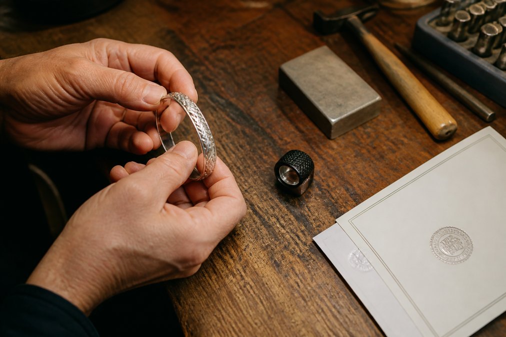 Close-up of a jeweler's hands holding a piece of silver jewelry next to a magnifying loupe and a hallmark certification document on a wooden workbench