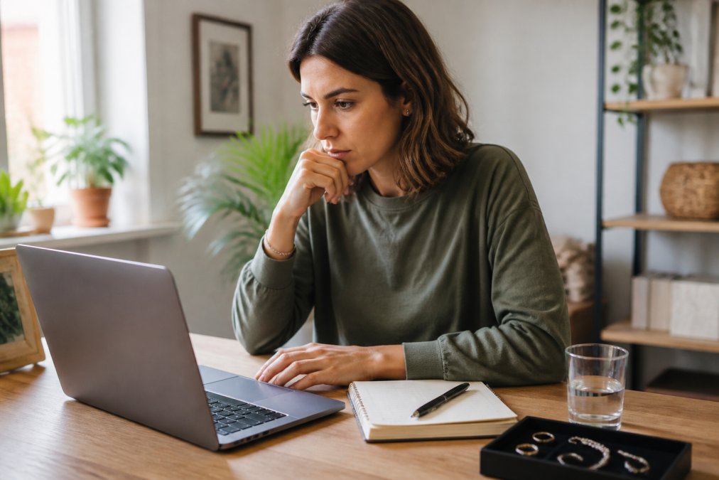 A person sitting at a desk examining a jewelry brand's website on a laptop, with a notepad and pen nearby, looking critically at product descriptions in a well-lit home office setting