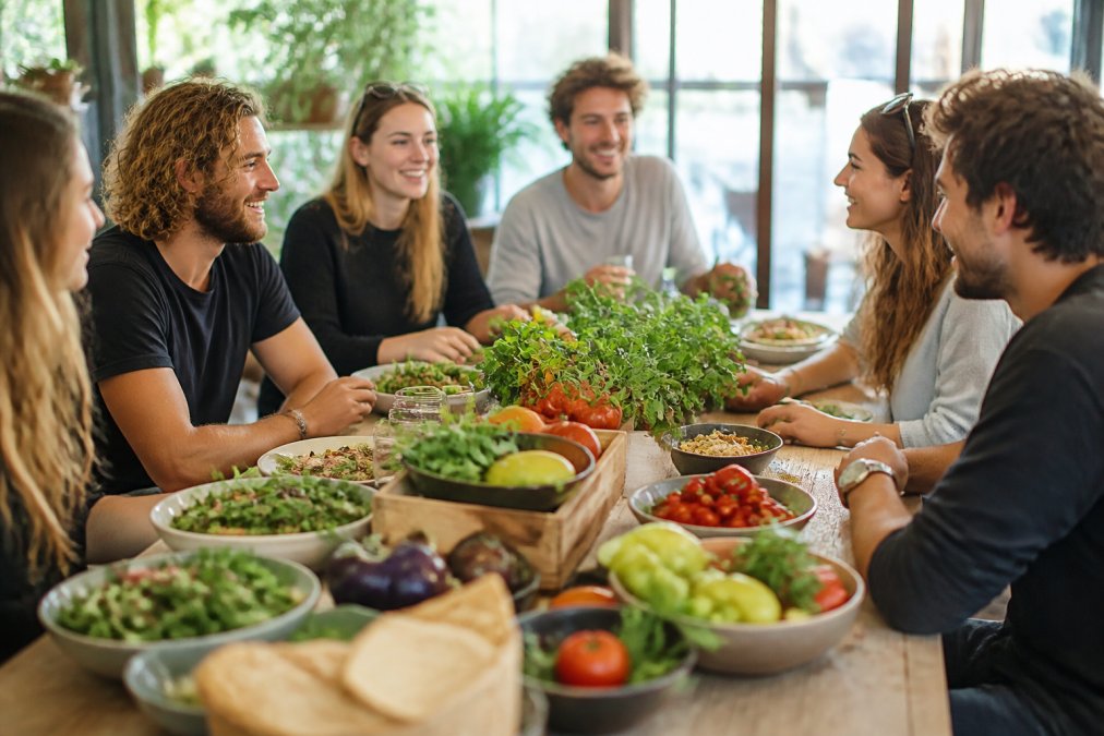 Mitarbeiter genießen beim nachhaltiges firmenevent planen regionale und saisonale Speisen in entspannter Runde.