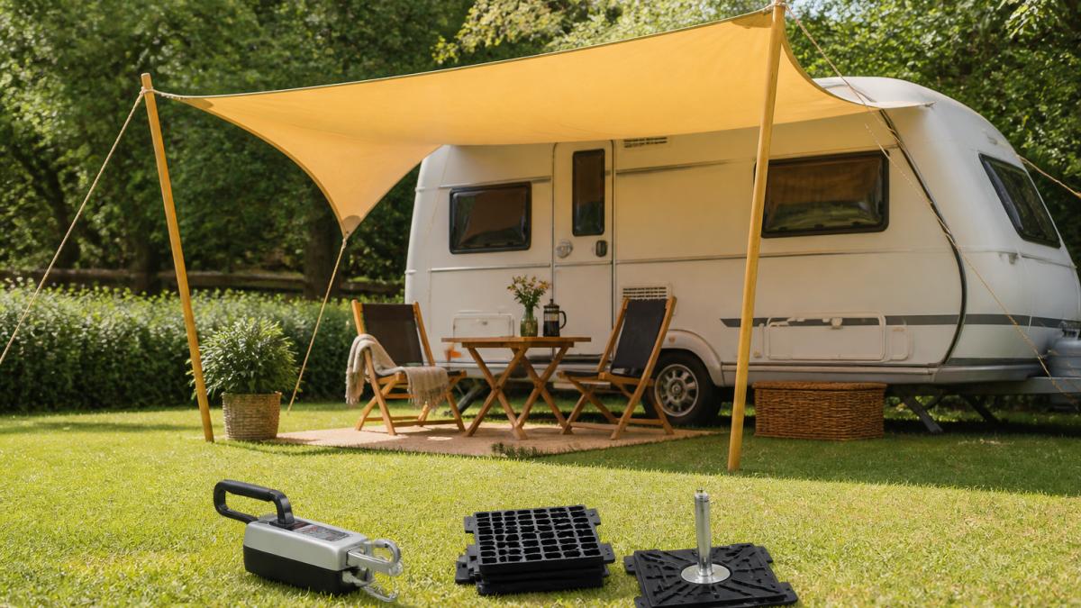 Wohnwagen auf einem Stellplatz mit handgefertigtem Sonnensegel und hochwertigem Campingzubehör auf dem Rasen.