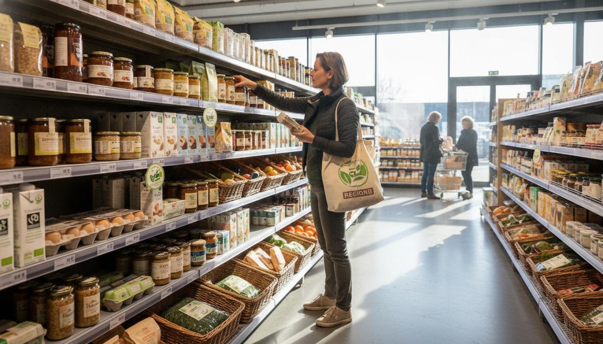 Kundin in einem Supermarkt vergleicht zwei Produkte mit Nachhaltigkeitslabeln für Studien zu Nachhaltigkeit im Lebensmitte...