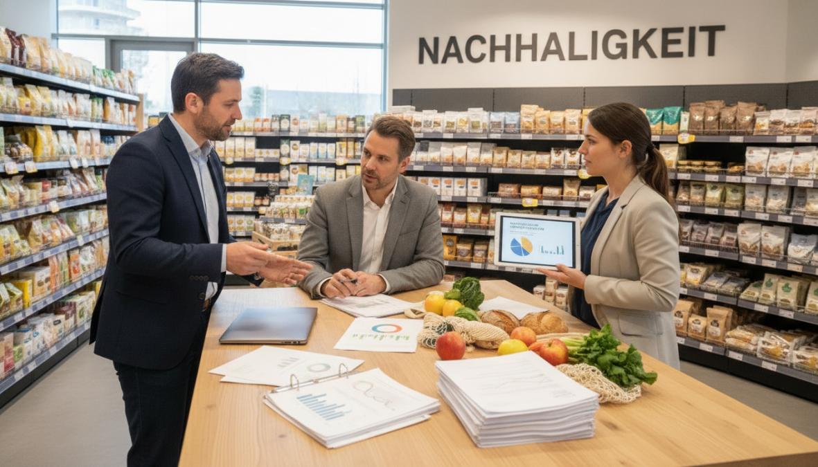 Drei Personen besprechen Studien zur Nachhaltigkeit im Lebensmittelhandel bei einer konzentrierten Arbeitssitzung.