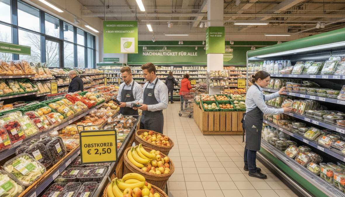 Mitarbeiter scannt im Kühlregal Produkte für Nachhaltigkeit im Lebensmittelhandel, um die Wirtschaftlichkeit zu steigern.