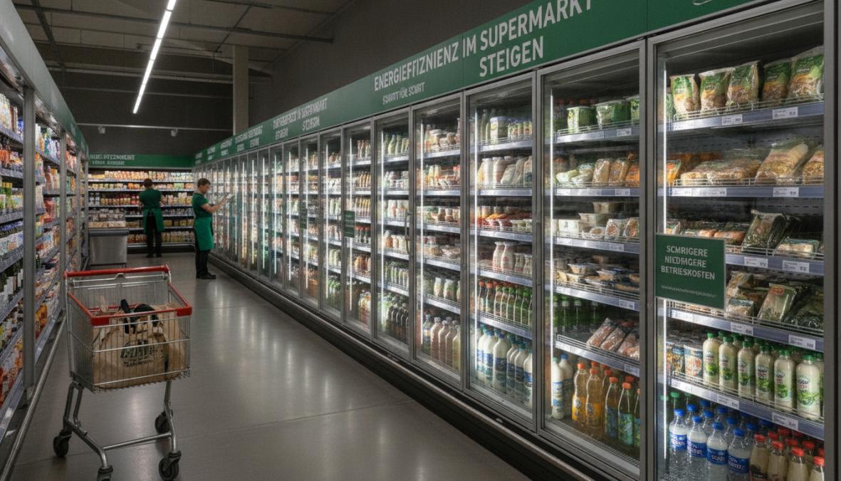Moderner Supermarkt mit geschlossenen Kühlregalen und LED-Beleuchtung zur Nachhaltigkeit im Lebensmittelhandel Wirtschaftl...