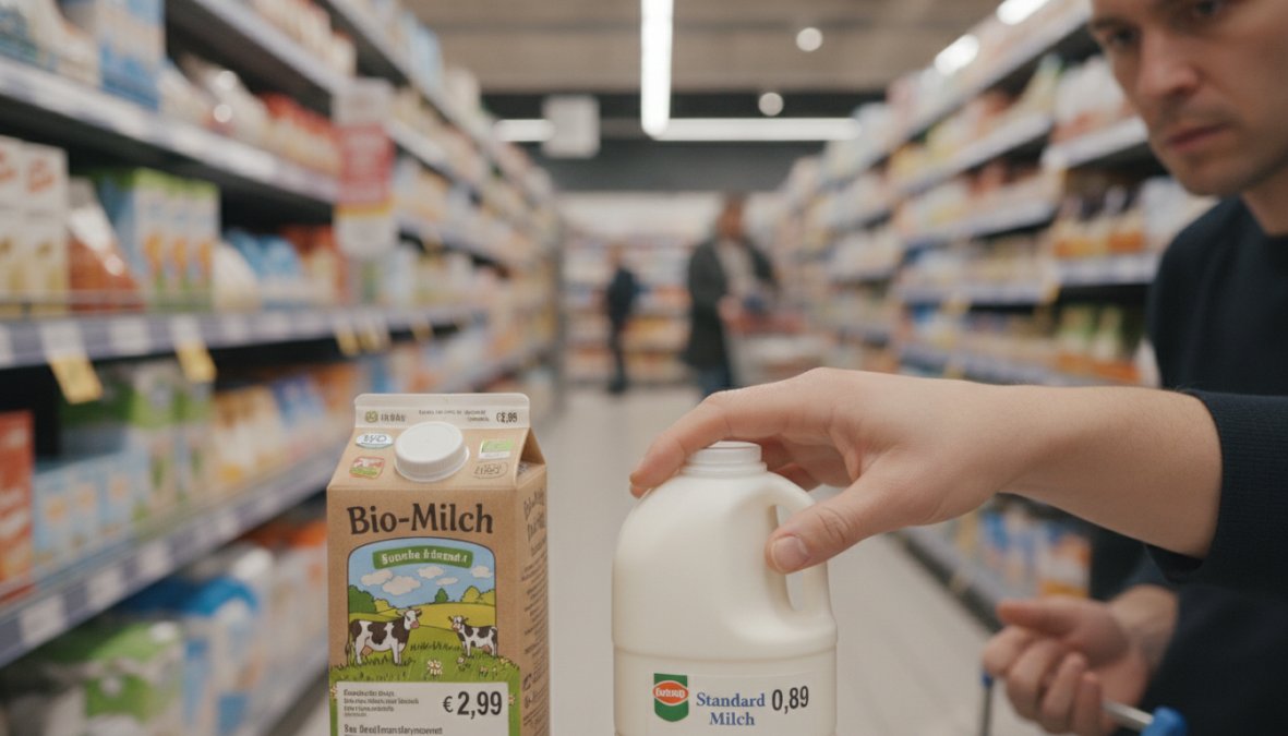 Kunde vergleicht im Supermarkt Bio- und Billigprodukte als Symbol für Nachhaltigkeit versus Preisdruck im Einzelhandel.