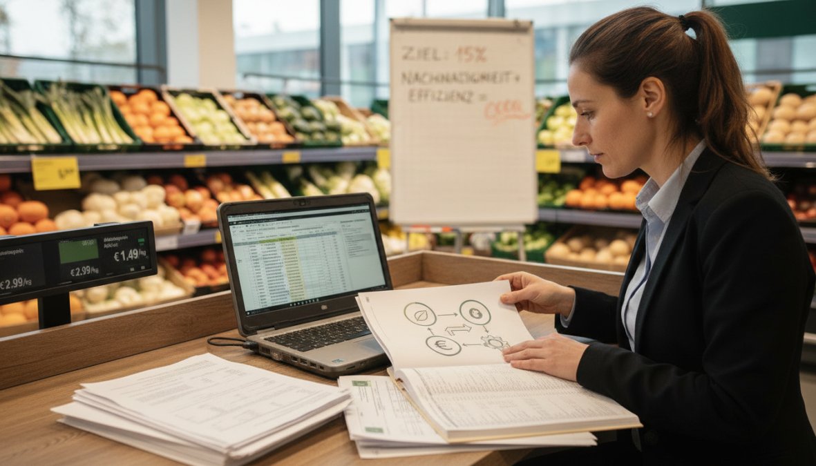Filialleiter prüft Nachhaltigkeit versus Preisdruck im Einzelhandel anhand von Daten auf einem Laptop im Supermarkt.