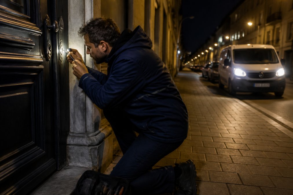 A locksmith in a dark blue work jacket kneeling at a residential front door at night, using a lock pick tool under a flashlight, with a van parked on a quiet Antwerp street in the background