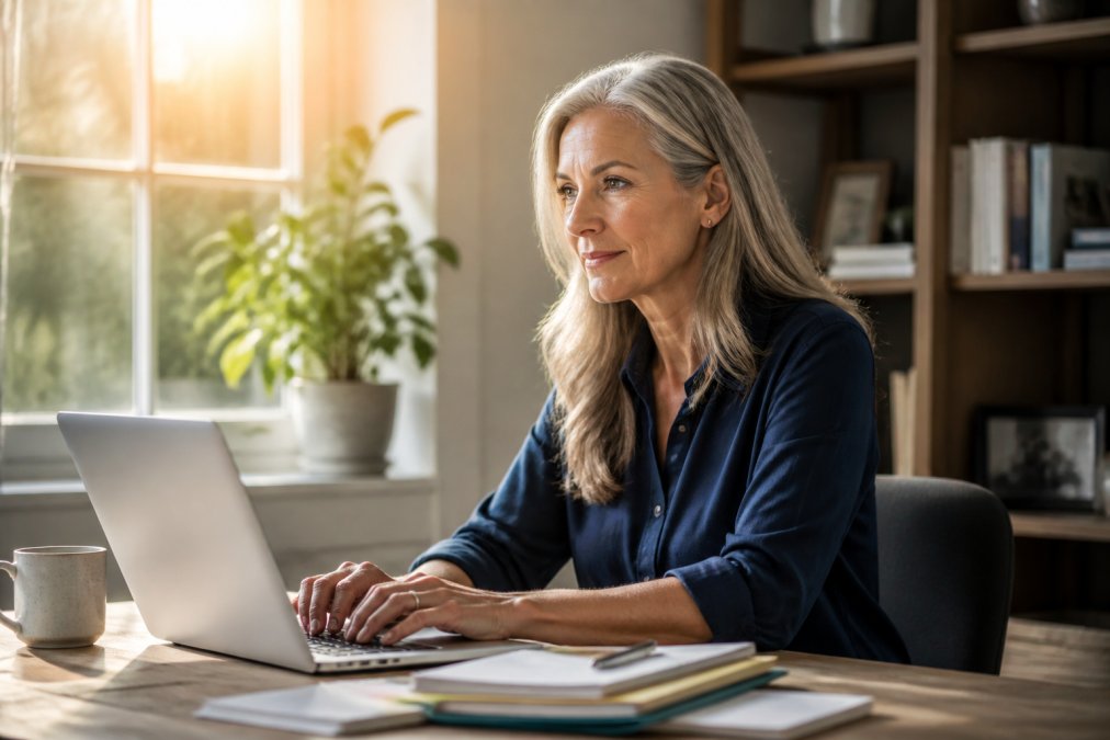 Professional woman in her 50s at a desk looking energized and focused, with morning sunlight streaming through the window, hands on keyboard with alert, engaged expression