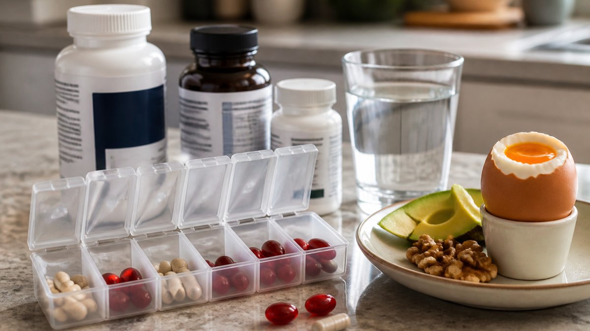 Close-up of a weekly pill organizer and supplement bottles on a kitchen counter with a glass of water and a soft-boiled egg, illustrating daily CoQ10 dosing with a fat-containing meal