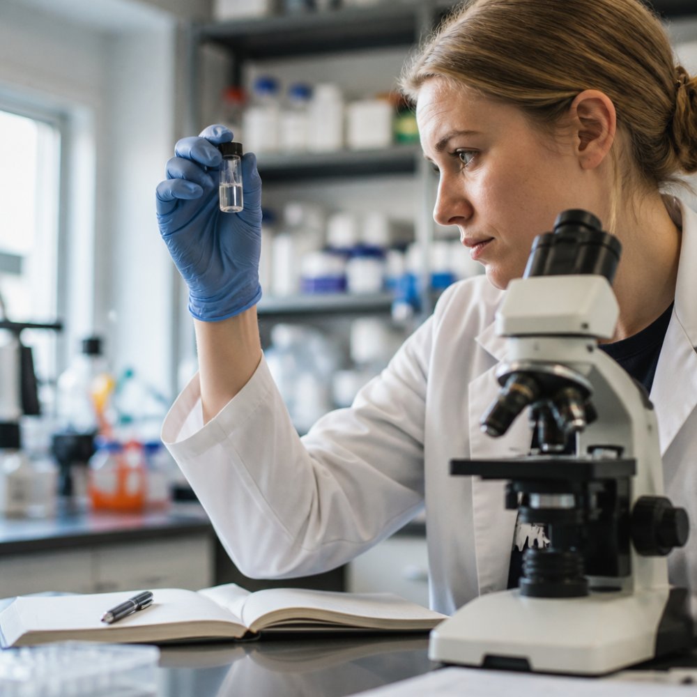 Researcher handling a vial for NAD+ cellular metabolism research in a lab