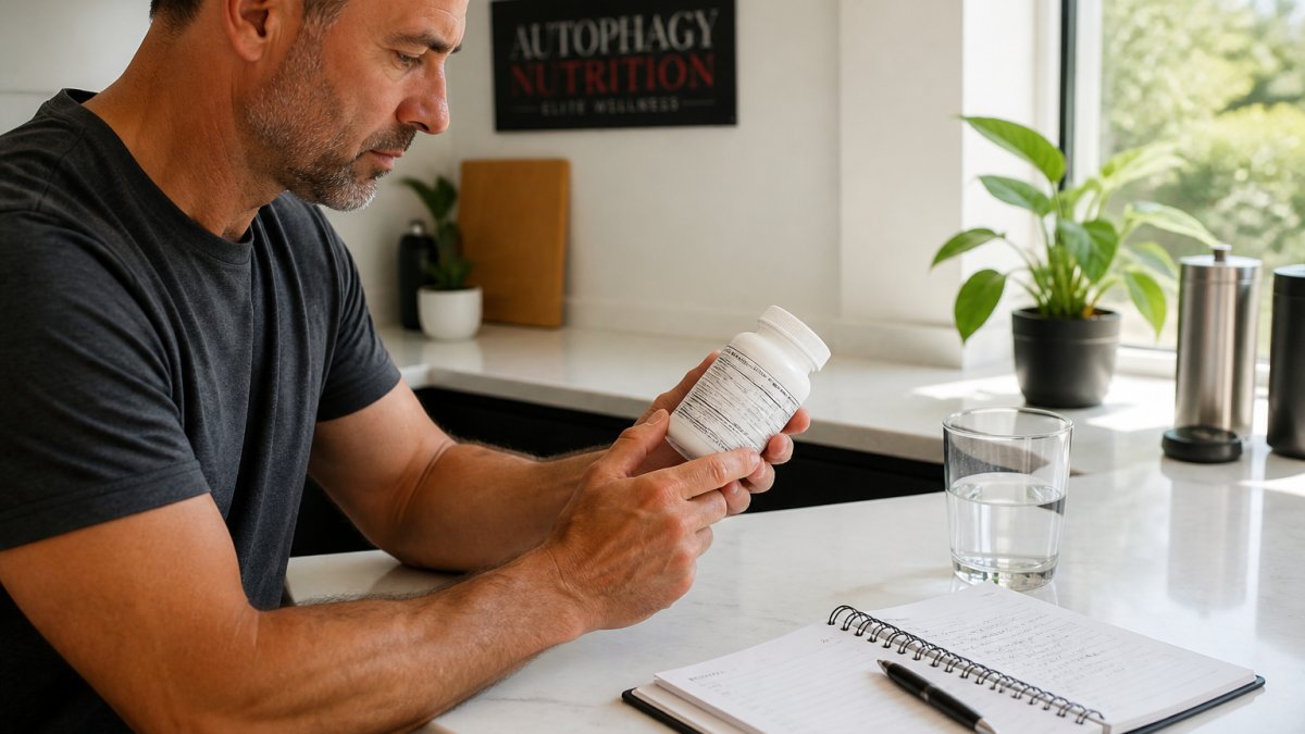 Person reading the label on a supplement bottle at a kitchen counter with a glass of water nearby