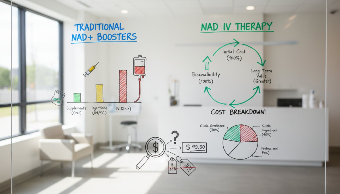 Comparison table of NAD+ IV therapy costs at different clinics, showing location, dosage, price, and additional add-ins