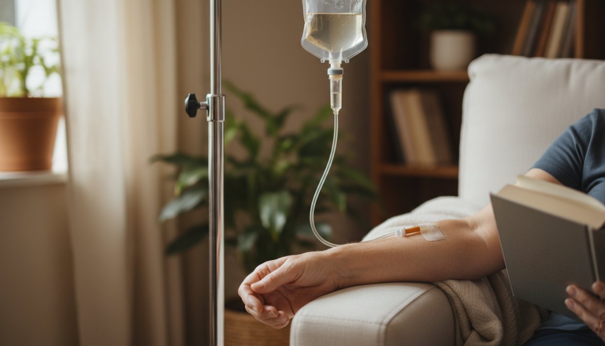 Patient reclining comfortably in a modern wellness clinic chair with an IV drip in their arm, soft clinical lighting, clean and professional environment with white walls and medical-grade equipment visible