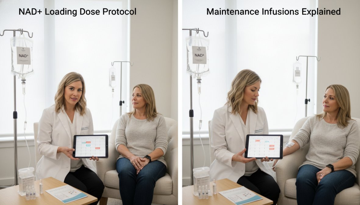 Healthcare professional in a white coat reviewing a treatment schedule on a tablet with a patient seated across from them in a bright wellness clinic consultation room, warm natural light from large windows, professional and calm atmosphere