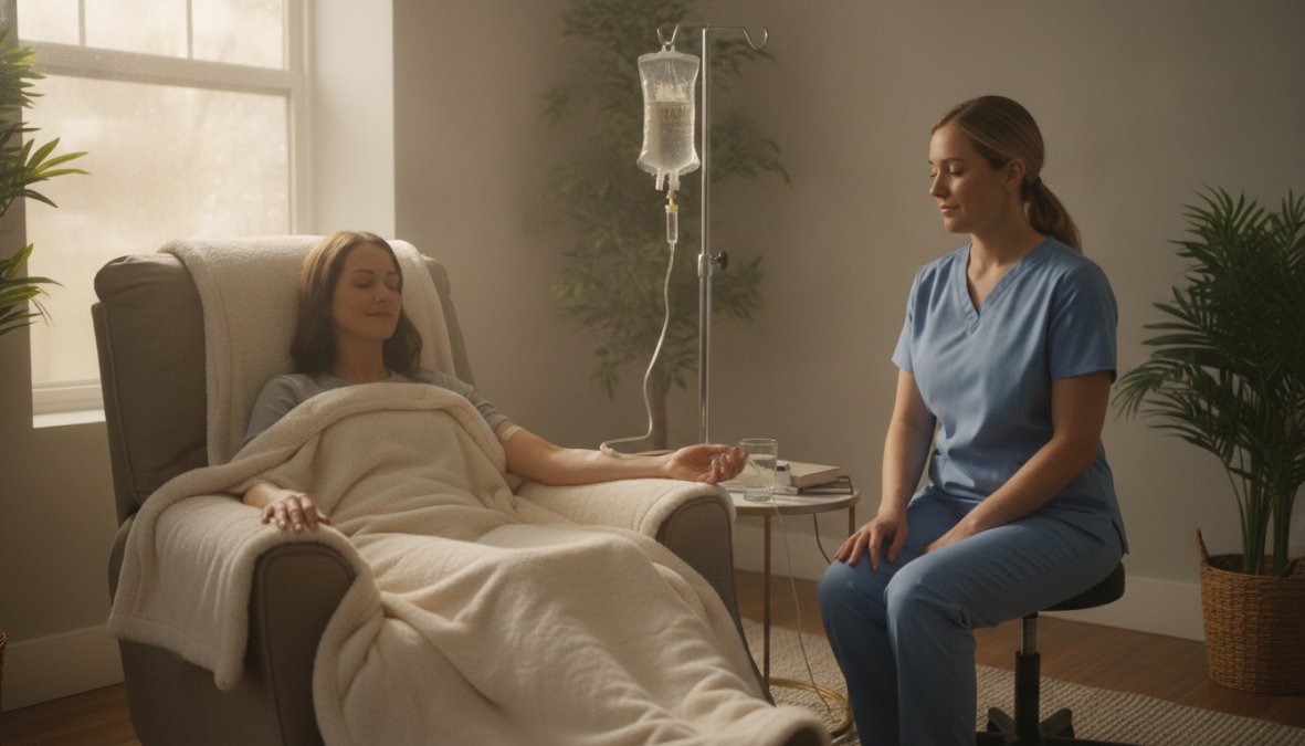 A patient reclining in a comfortable upholstered chair during an IV infusion in a bright upscale wellness clinic, a clear IV bag visible overhead, a nurse in scrubs adjusting the line nearby, soft natural light coming through large windows