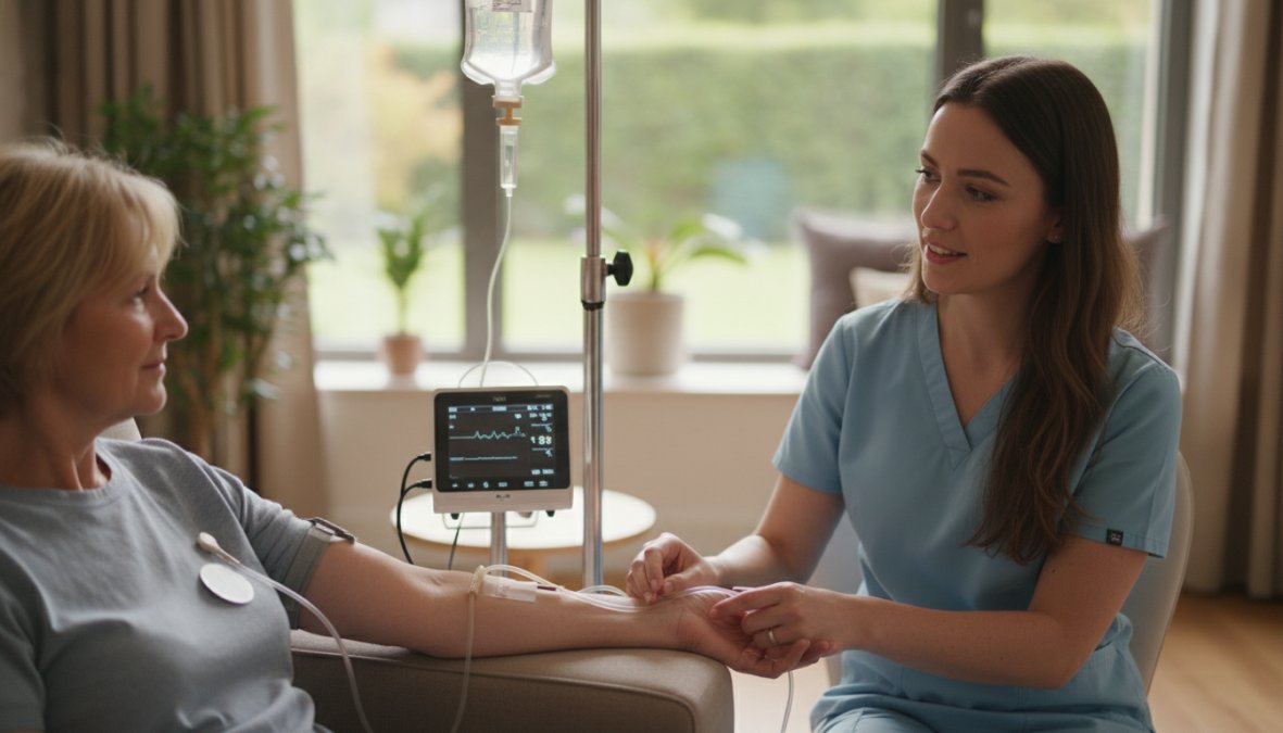 Healthcare professional in white coat administering an IV drip to a patient seated in a clinical recliner chair, with medical monitoring equipment visible on a cart beside them, under bright clinical lighting