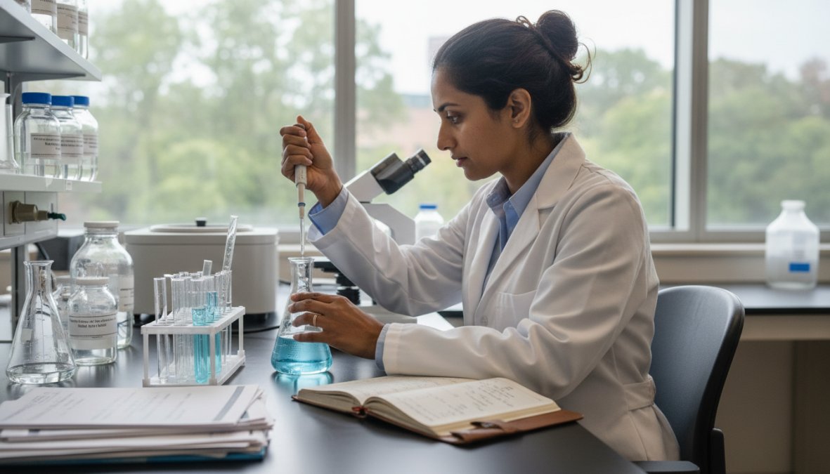Researcher in white lab coat examining test tubes under fluorescent laboratory lighting, with a computer screen displaying molecular data visible in the background