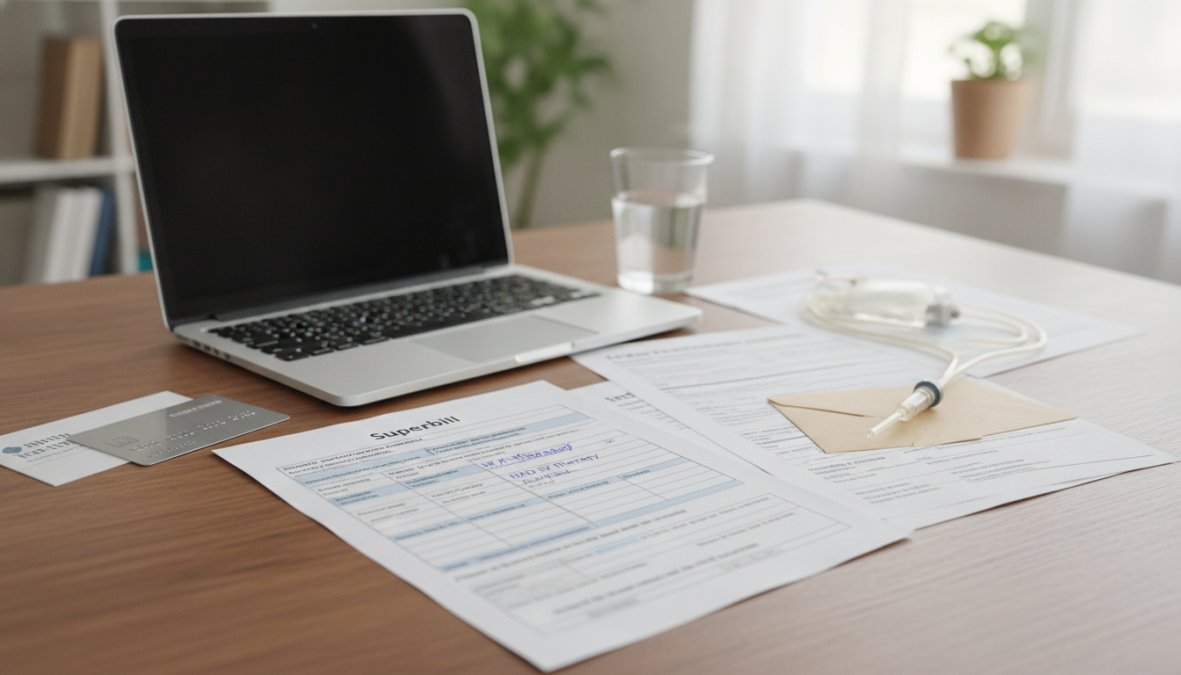 Close-up of a person's hands filling out medical paperwork at a desk with a laptop open to an insurance portal, a pen, and a printed receipt nearby, warm desk lamp lighting the scene