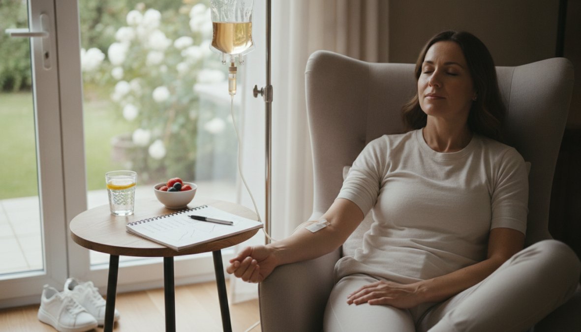 Person reviewing a wellness journal with detailed notes on energy levels, sleep duration, and daily activities in a calm home environment with natural afternoon lighting