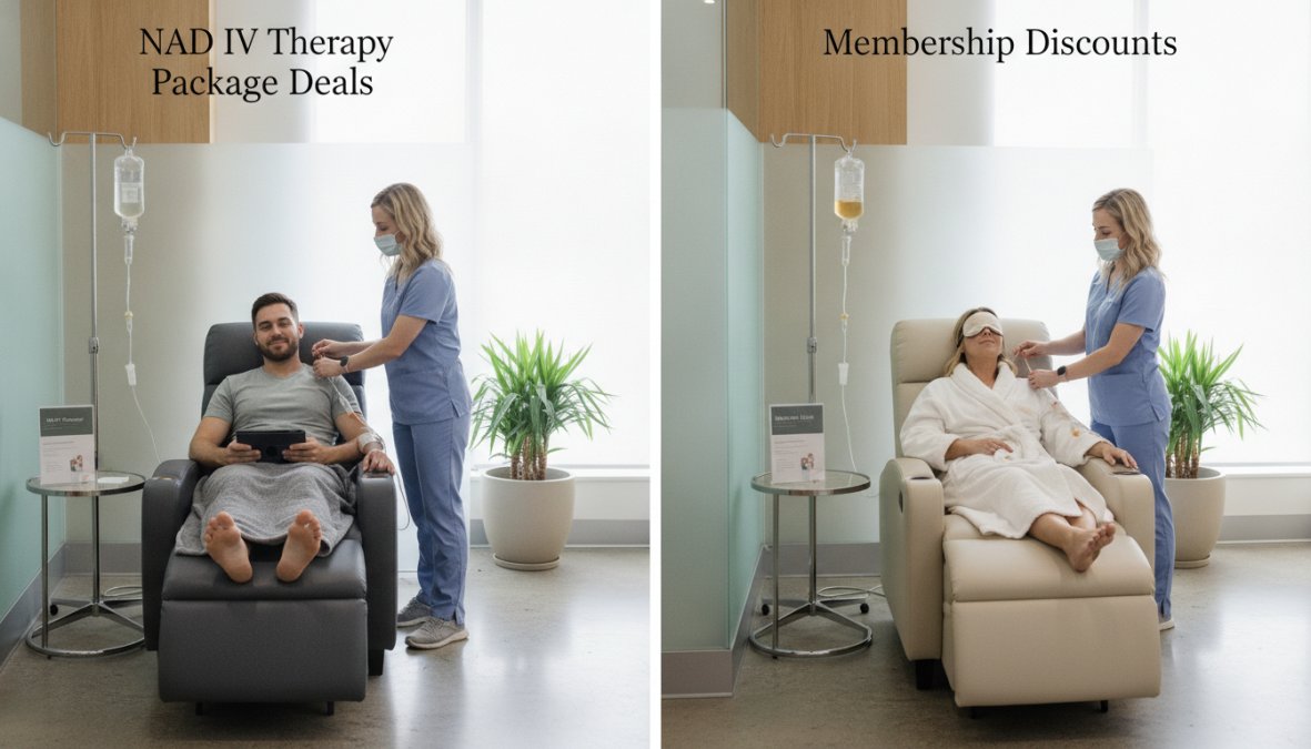 A wellness professional in scrubs carefully setting up an IV drip line for a relaxed patient reclining in a modern clinical lounge chair, bright overhead lighting illuminating the clean medical spa environment