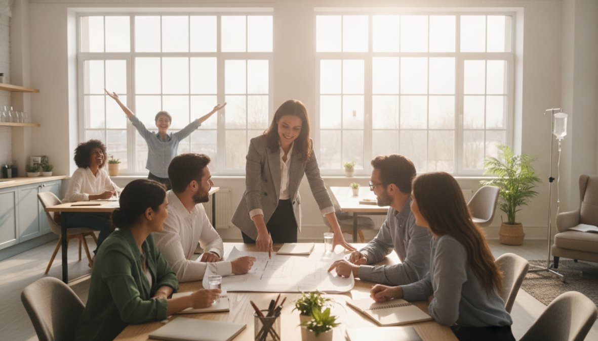 A person in their mid-thirties seated at a bright, sunlit home office desk, looking focused and energized while reviewing documents, representing improved cognitive function and sustained energy following consistent wellness treatment
