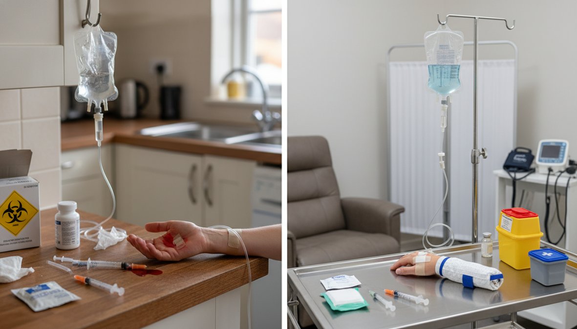 A healthcare professional in a wellness clinic preparing a small syringe at a clean stainless steel tray, with IV equipment visible in the background, bright clinical setting