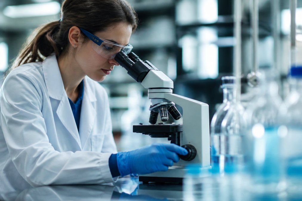 Scientist examining a cellular sample under a microscope in a modern laboratory with blue-tinted lighting representing mitochondrial activity and cellular energy processes
