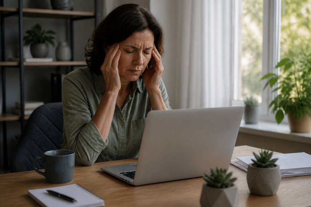 Middle-aged woman rubbing her temples at a desk, highlighting the need for NAD support supplements for energy.