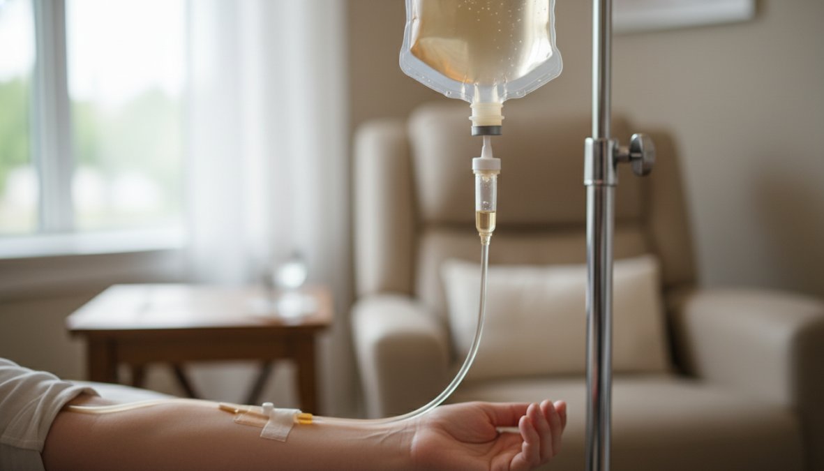 Patient reclining in a modern wellness clinic chair with an IV drip line in their arm, soft ambient lighting, medical professional in scrubs adjusting the IV bag nearby