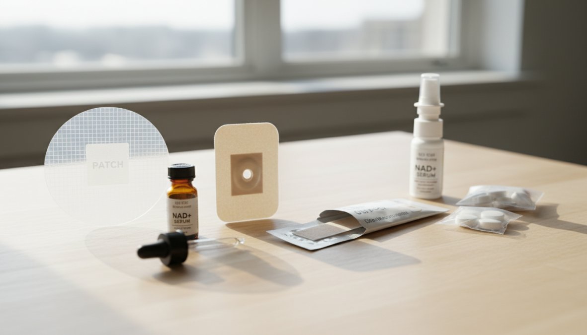 Flat lay of various NAD+ supplement formats arranged on a clean white marble surface: amber supplement capsule bottles labeled NR and NMN, a small injection kit with micro-needles, and a nasal spray bottle, soft natural daylight from the left