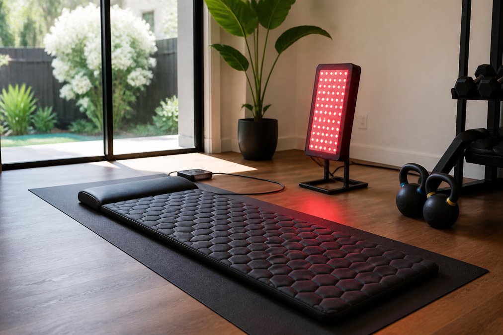 A modern, sunlit home gym corner with a premium PEMF mat laid out on a yoga mat, a compact red light therapy panel on a floor stand nearby, and a potted plant in the background