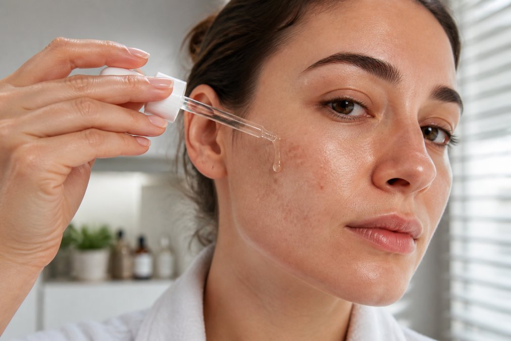 Close-up of a woman applying a serum with a dropper to her cheek, focusing on dark spots, in a bright bathroom with natural light