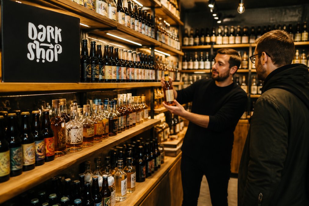 Starannie ułożone butelki piwa kraftowego, whisky i nalewek na drewnianych półkach, a w tle sprzedawca doradzający klientowi wybór trunku w ciepłym świetle sklepu