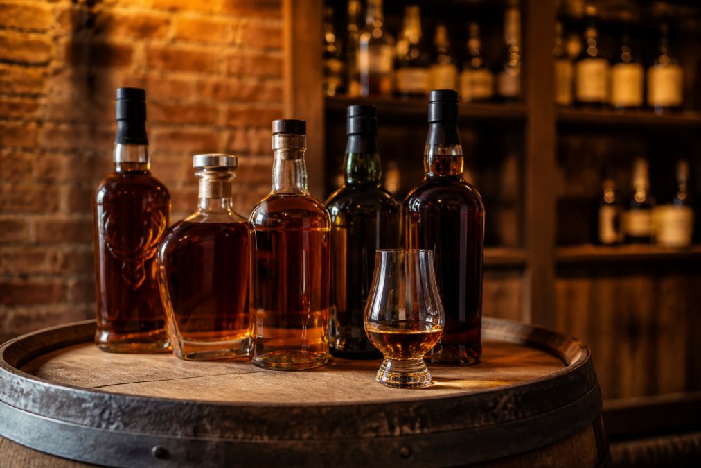 Kilka eleganckich butelek szkockiej whisky single malt ustawionych na drewnianej beczce w ciepłym, bursztynowym świetle, obok kieliszka tulipan z nalaną whisky, tło z cegły i drewna w stylu baru