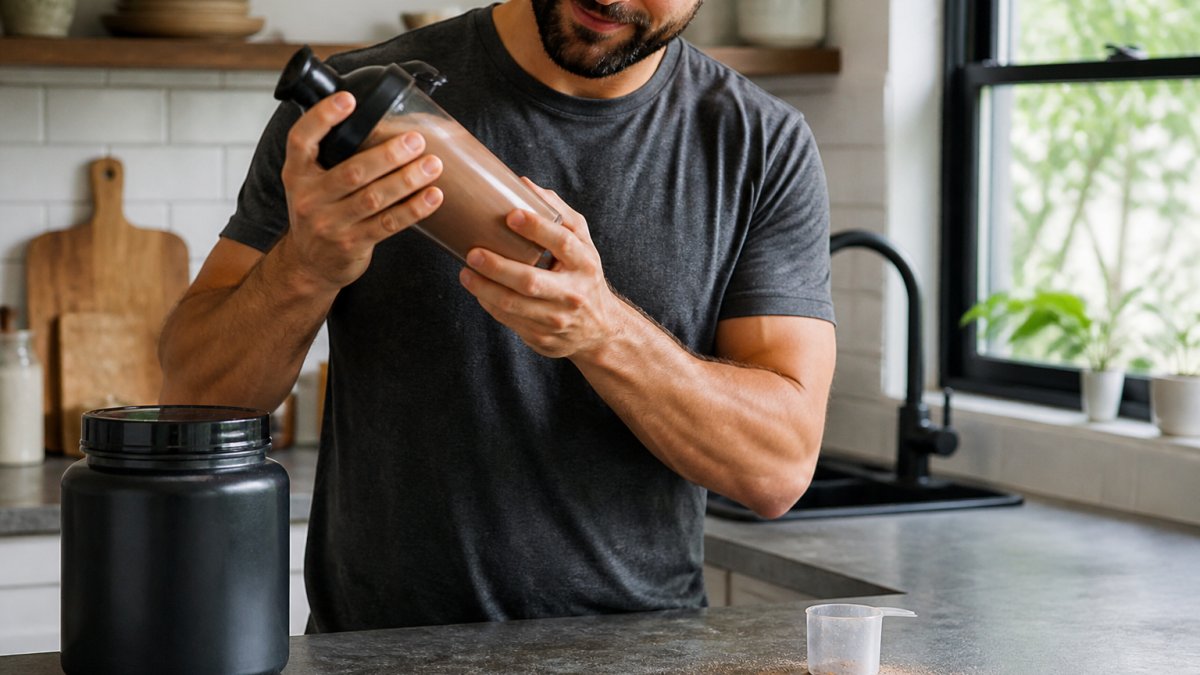 Close-up of hands shaking a chocolate plant-based protein powder in a clear shaker bottle on a kitchen counter, with a scoop and powder tub nearby