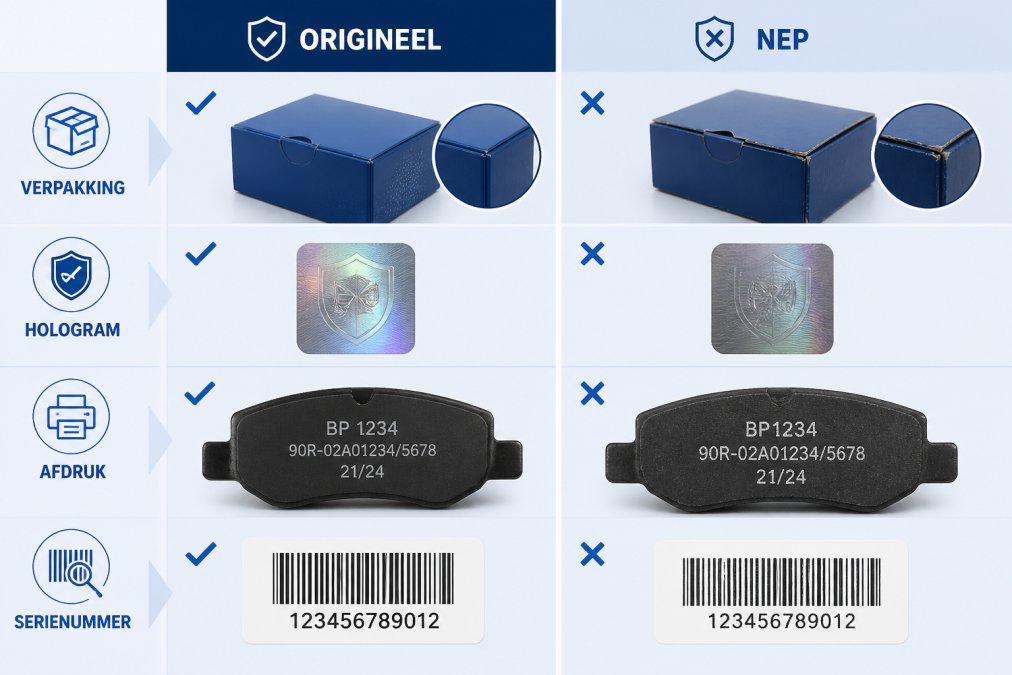 Visuele vergelijking van origineel versus nep auto-onderdeel (bijvoorbeeld remblok of filterhuis) naast elkaar, met pijlen die wijzen naar verschillen in verpakking, hologrammen, afdrukken, en serienummers