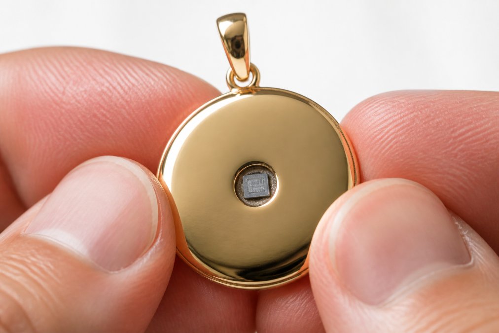Extreme close-up of a gold pendant held between two fingers, with a tiny nanochip visible embedded in the center, shot on a clean white background with soft natural light