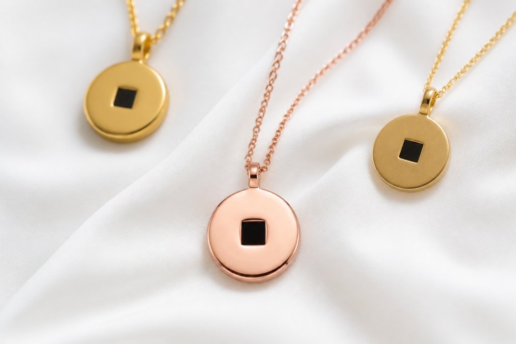 Close-up of nano-engraved faith jewelry pieces displayed on a soft white surface, showing intricate rose gold and gold pendant designs with scripture details and delicate chain work in natural daylight