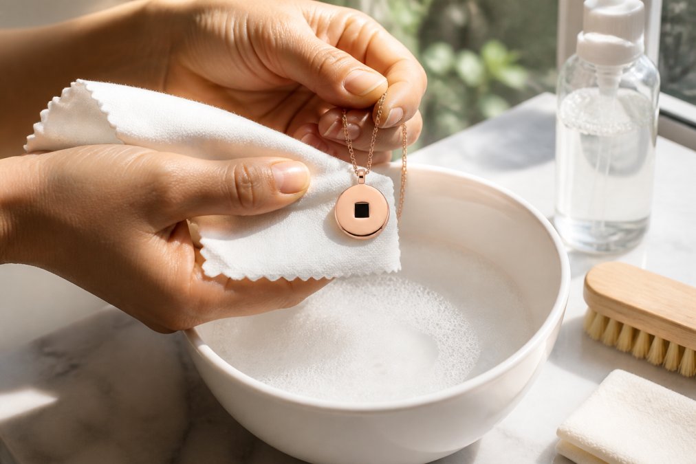 Hands gently cleaning a nano-engraved gold pendant with a soft microfiber cloth and mild soap solution, demonstrating proper maintenance technique over a white ceramic bowl in bright natural light